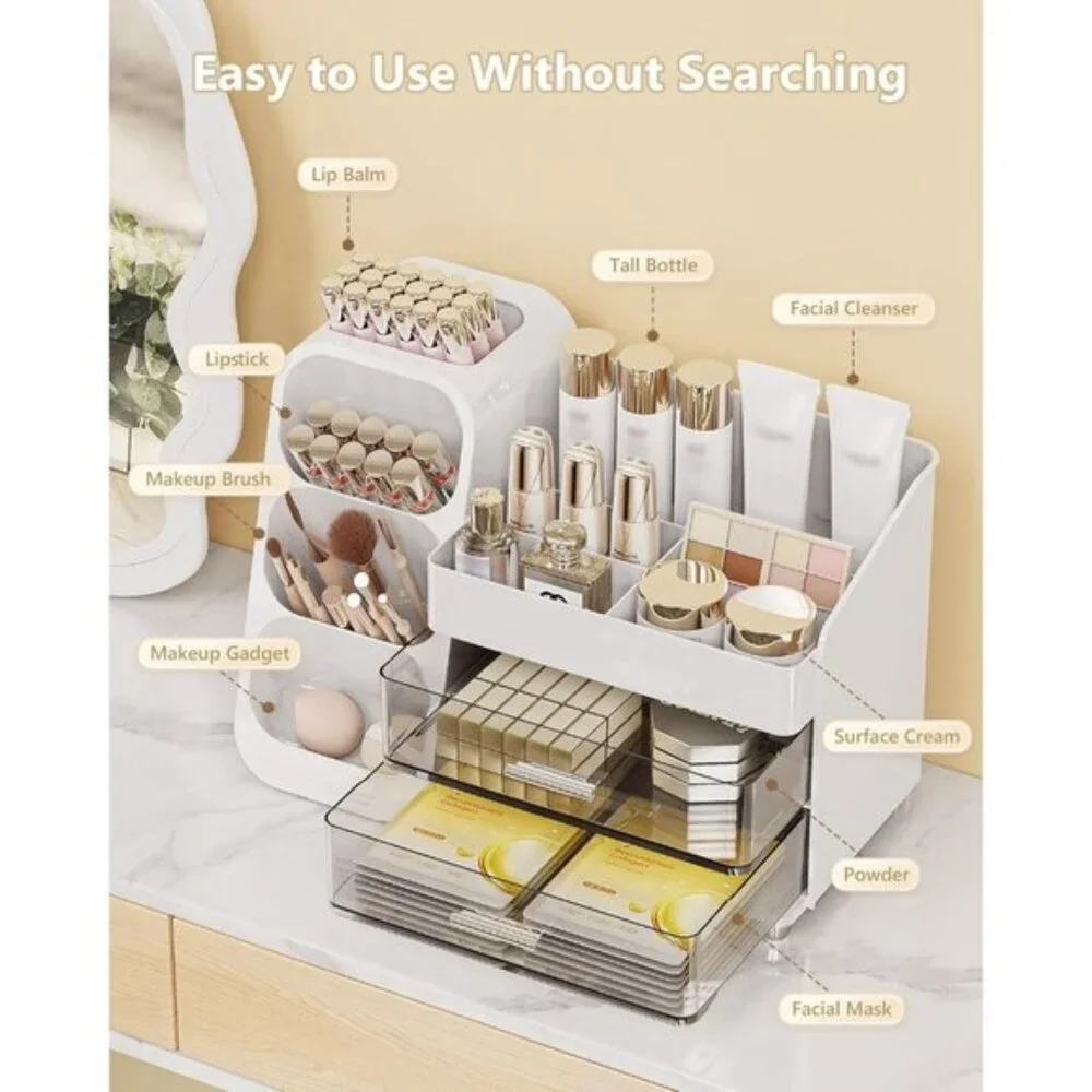 Large White Makeup Organizer with Drawers for Vanity, Skincare & Countertop Use